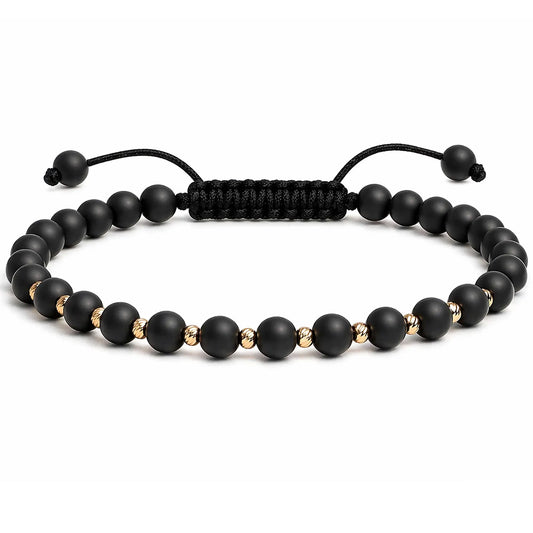 Brățară reglabilă din aur 14K cu 11 bile și onix mat