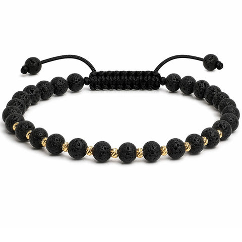 Brățară cu rocă vulcanică 4 mm și bile din aur 14K Arpatia, șnur reglabil