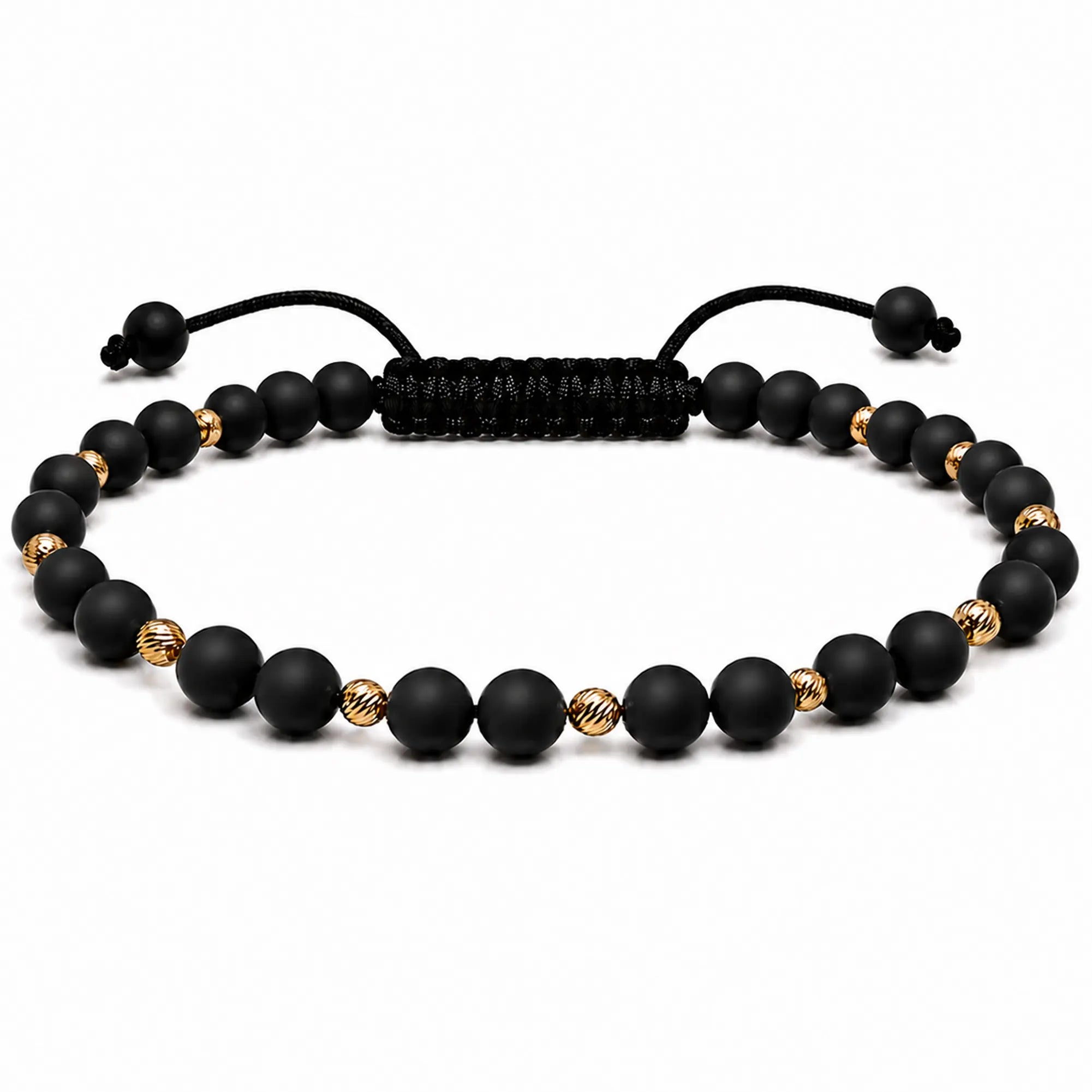 Brățară reglabilă unisex cu 11 bile din aur 14K și onix mat natural, lucrată manual în România – Arpatia