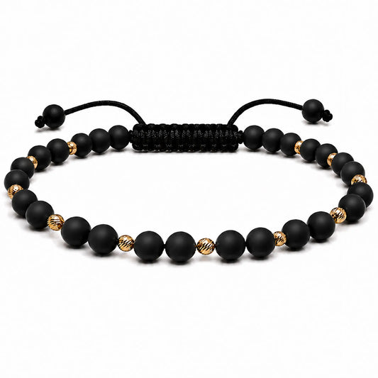 Brățară reglabilă unisex cu 11 bile din aur 14K și onix mat natural, lucrată manual în România – Arpatia