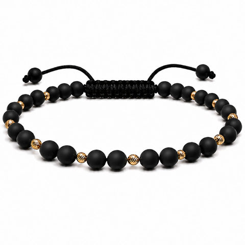 Brățară reglabilă unisex cu 11 bile din aur 14K și onix mat natural, lucrată manual în România – Arpatia