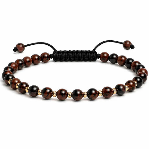 bratara cu bile din aur 14k si pietre mahon obsidian 4 mm reglabila Arpatia