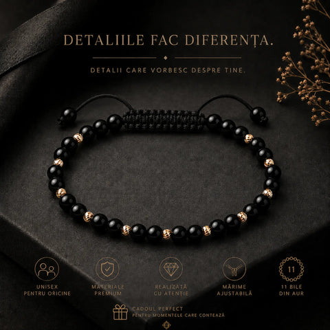 Brățară cu Bile din Aur 14K și Onix Lucios 2 – Reglabilă, Unisex | Arpatia