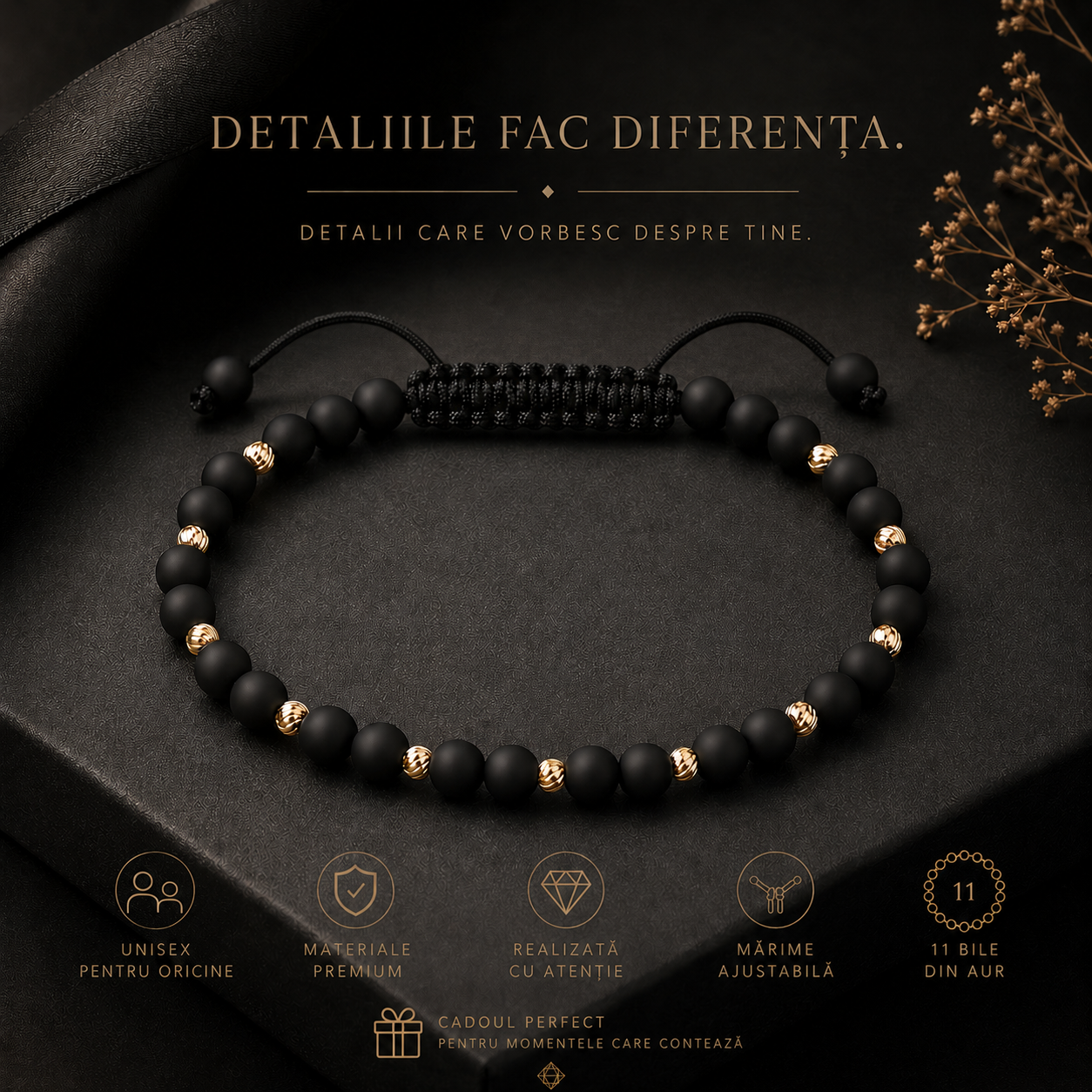 Brățară reglabilă unisex cu 11 bile din aur și onix mat, prezentare premium Arpatia cu ambalare cadou inclusă
