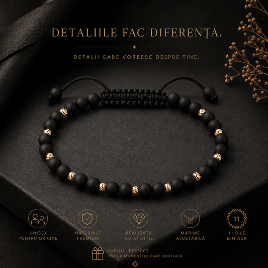 Brățară reglabilă unisex cu 11 bile din aur și onix mat, prezentare premium Arpatia cu ambalare cadou inclusă