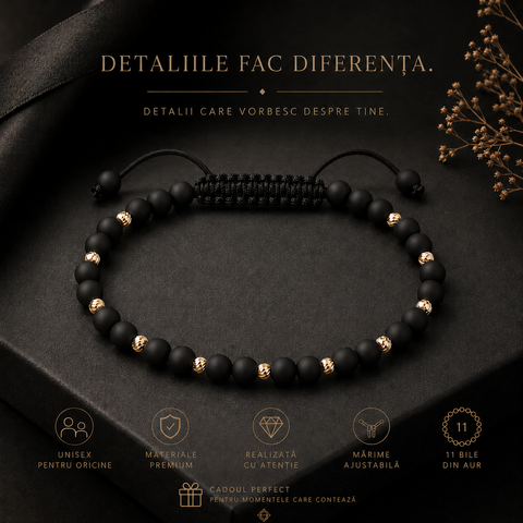 Brățară reglabilă unisex cu 11 bile din aur și onix mat, prezentare premium Arpatia cu ambalare cadou inclusă