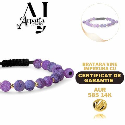 Bratara cu snur si bile de Aur 585 14k si Agate Frozen Mov 6mm M2