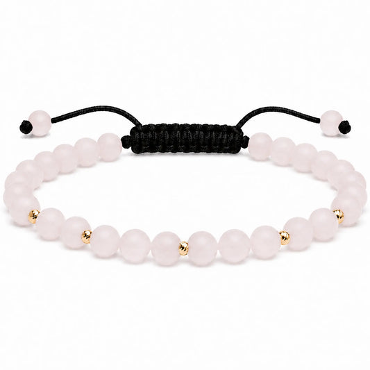 Brățară damă cu Cuart Roz Mat natural de 4.5 mm și 5 bile din aur galben 14K (585) de 2.5 mm, șnur reglabil, realizată manual în România.