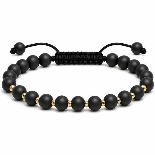 Brățară unisex cu onix mat negru 6 mm și 10 bile din aur 14K, lucrată manual în România – Arpatia