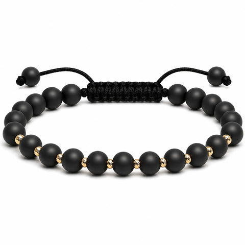 Brățară unisex cu onix mat negru 6 mm și 10 bile din aur 14K, lucrată manual în România – Arpatia