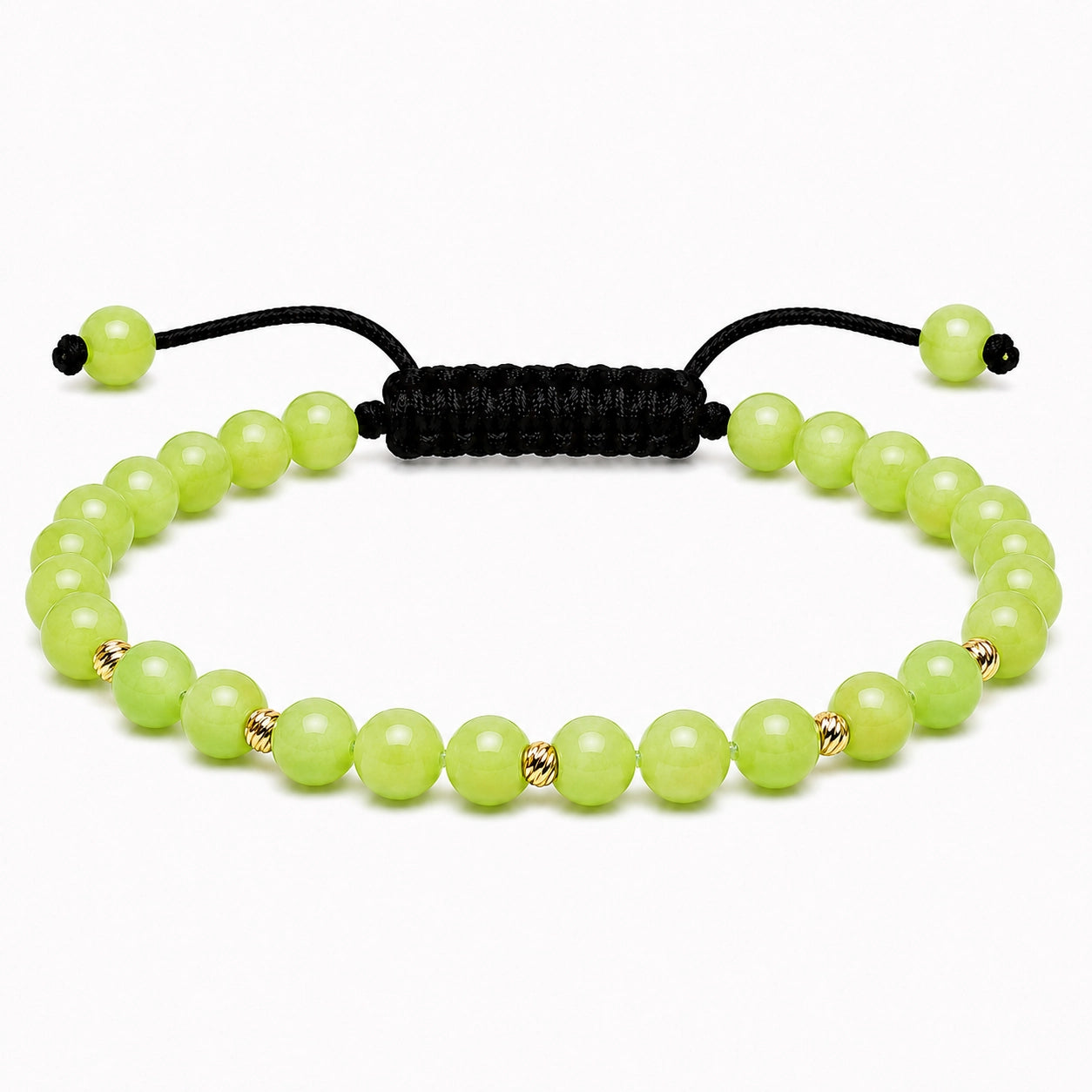 Brățară unisex cu Jad Verde Lime natural de 4.5 mm și 5 bile din aur galben 14K (585) de 2.5 mm, șnur reglabil, vedere frontală.