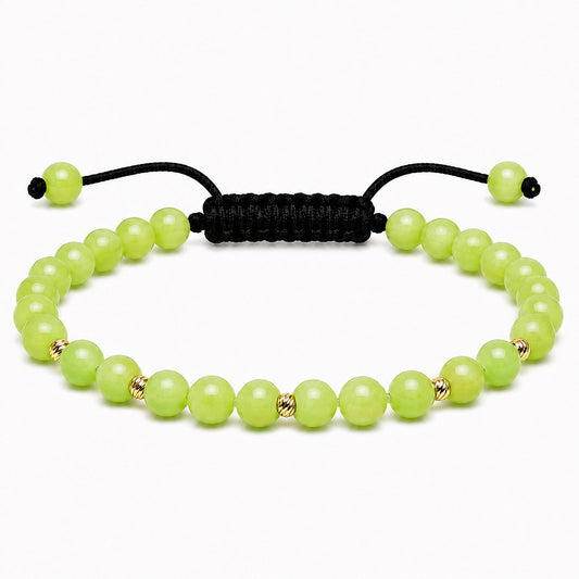 Brățară unisex cu Jad Verde Lime natural de 4.5 mm și 5 bile din aur galben 14K (585) de 2.5 mm, șnur reglabil, vedere frontală.