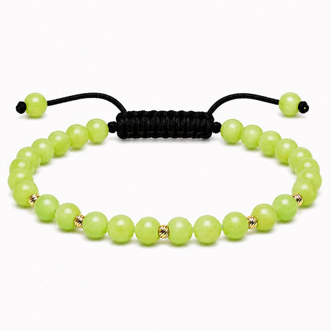 Brățară unisex cu Jad Verde Lime natural de 4.5 mm și 5 bile din aur galben 14K (585) de 2.5 mm, șnur reglabil, vedere frontală.
