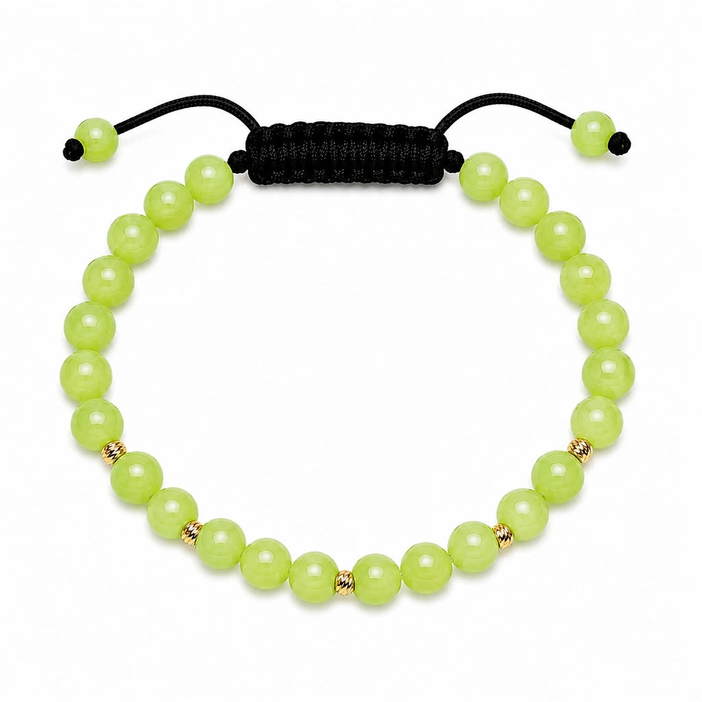 Brățară unisex cu Jad Verde Lime și 5 bile din aur 14K (585), vedere de sus, șnur reglabil și design minimalist.