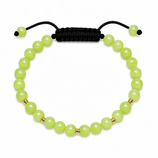 Brățară unisex cu Jad Verde Lime și 5 bile din aur 14K (585), vedere de sus, șnur reglabil și design minimalist.