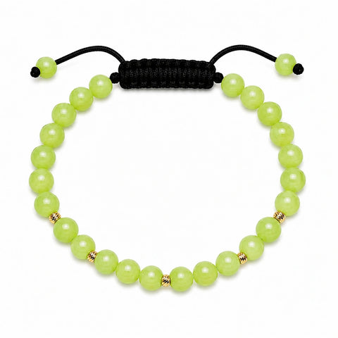 Brățară unisex cu Jad Verde Lime și 5 bile din aur 14K (585), vedere de sus, șnur reglabil și design minimalist.